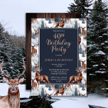 Rustic Woodsy Deer | Forest 40th Birthday Party Invitation<br><div class="desc">Celebrate his birthday in rustic woodsy style with this deer nature pattern,  outdoor-themed "Birthday Party" design featuring a variety of deer with evergreen fir trees,  mountains and snow on a white background on front and a rustic faux dark wood background on back.  Composite design by Holiday Hearts designs.</div>