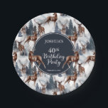 Rustic Woodsy Deer | Forest 40th Birthday Party Paper Plate<br><div class="desc">Celebrate his birthday in rustic woodsy style with this deer nature pattern,  outdoor-themed "Birthday Party" design featuring a variety of deer with evergreen fir trees,  mountains and snow on a white background on front and a rustic faux dark wood background on back.  Composite design by Holiday Hearts designs.</div>