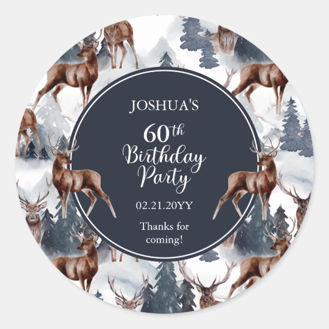 Rustic Woodsy Deer | Forest 60th Birthday Party Classic Round Sticker (Front)