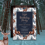 Rustic Woodsy Deer | Forest 70th Birthday Party Invitation<br><div class="desc">Celebrate his birthday in rustic woodsy style with this deer nature pattern,  outdoor-themed "Birthday Party" design featuring a variety of deer with evergreen fir trees,  mountains and snow on a white background on front and a rustic faux dark wood background on back.  Composite design by Holiday Hearts designs.</div>