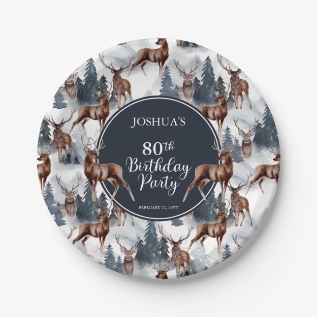 Rustic Woodsy Deer | Forest 80th Birthday Party Paper Plate (Front)