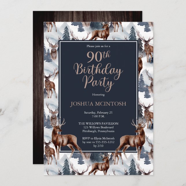 Rustic Woodsy Deer | Forest 90th Birthday Party Invitation (Front/Back)