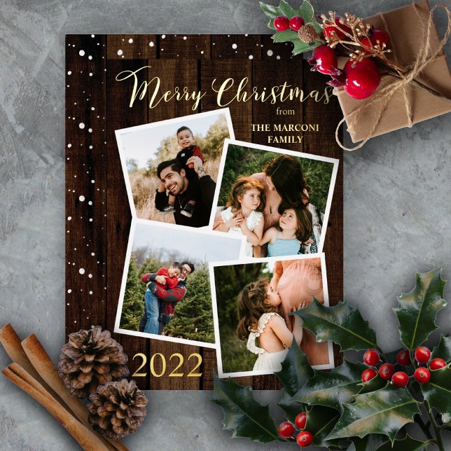 Rustic Woodsy Faux Wood Merry Christmas 4 Photo (Creator Uploaded)