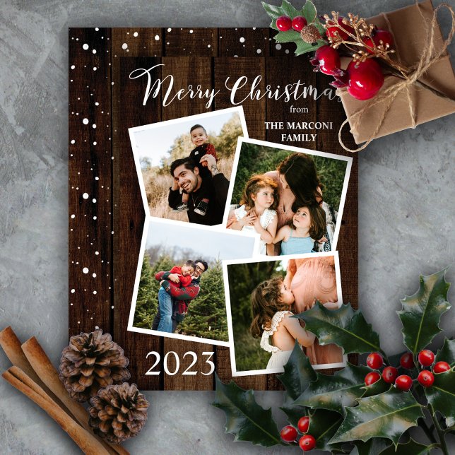 Rustic Woodsy Faux Wood Merry Christmas 4 Photo Holiday Card (Wish them "Merry Christmas" in country rustic style with this faux wood 4-photo design!)