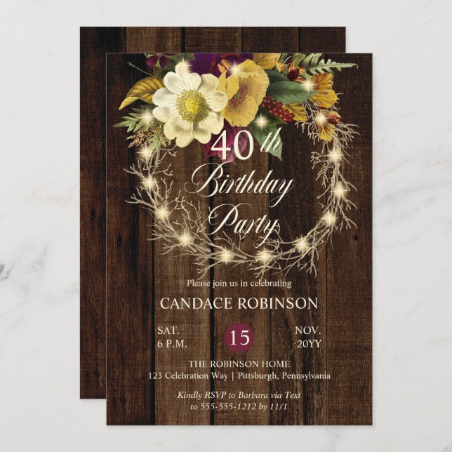 Rustic Woodsy Lighted Wreath 40th Birthday Party Invitation (Front/Back)
