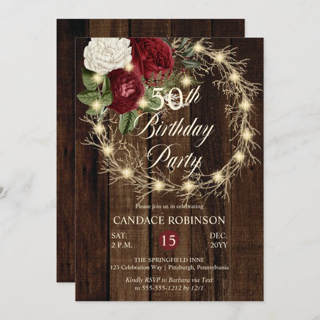 Rustic Woodsy Lighted Wreath 50th Birthday Party Invitation (Front/Back)