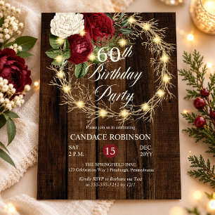 Rustic Woodsy Lighted Wreath 60th Birthday Party Invitation