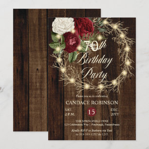 Rustic Woodsy Lighted Wreath 70th Birthday Party Invitation