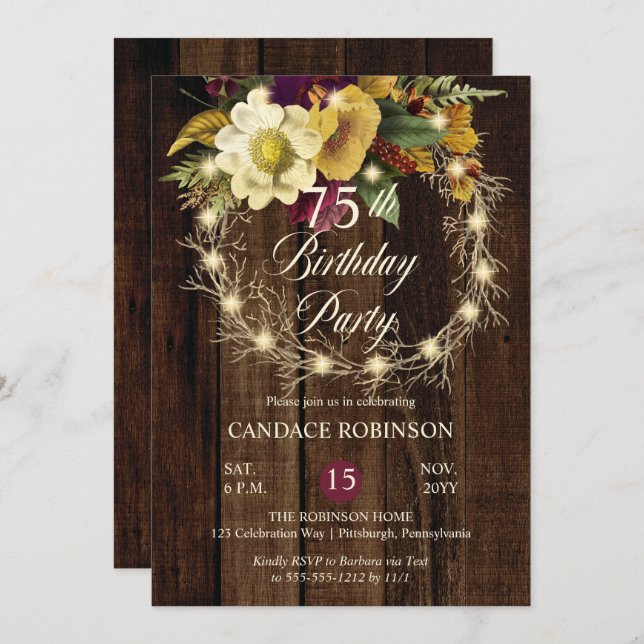 Rustic Woodsy Lighted Wreath 75th Birthday Party I Invitation (Front/Back)