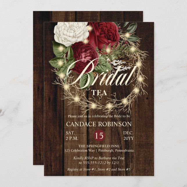 Rustic Woodsy Lighted Wreath Bridal Tea Invitation (Front/Back)
