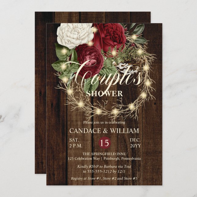 Rustic Woodsy Lighted Wreath Couple's Shower Invitation (Front/Back)