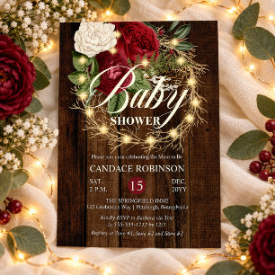 Rustic Woodsy Lighted Wreath Girl Baby Shower Invitation