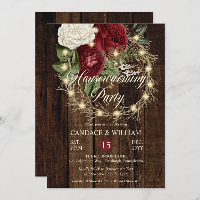Rustic Woodsy Lighted Wreath Housewarming Party Invitation (Front/Back)