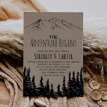 Rustic Woodsy Mountain Adventure Begins Wedding Invitation<br><div class="desc">This rustic woodsy mountain adventure begins wedding invitation card is perfect for a woodland wedding. The nature inspired design features the silhouette of a pine tree forest and mountains on faux kraft paper. Please note: This is not printed on real kraft paper. It is a high quality graphic made to...</div>