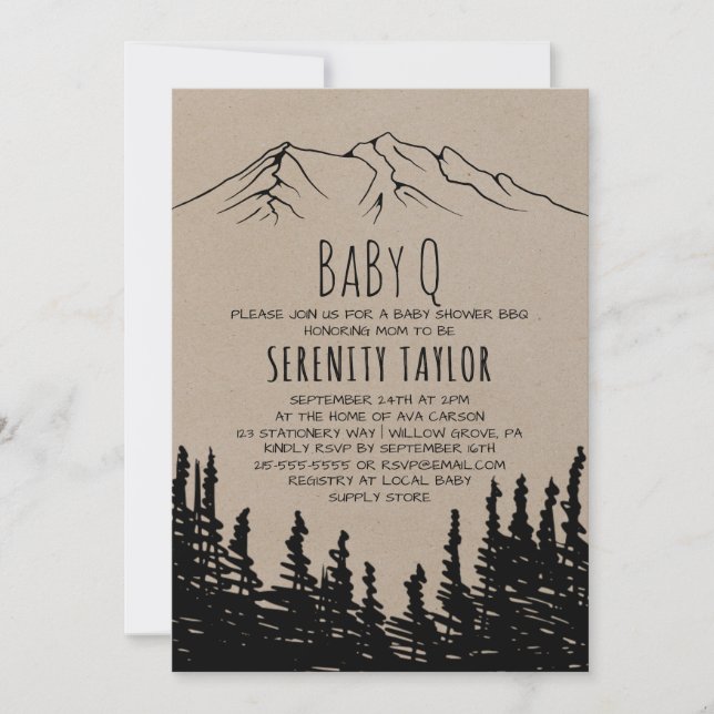 Rustic Woodsy Mountain Baby Q Invitation (Front)
