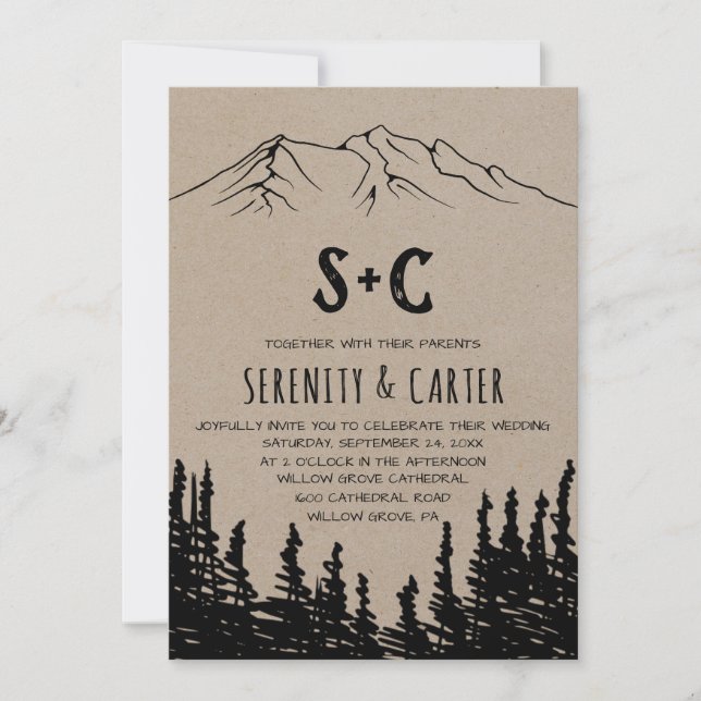 Rustic Woodsy Mountain Monogram Wedding Invitation (Front)