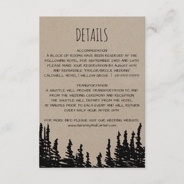 Rustic Woodsy Mountain Wedding Details Card (Front)