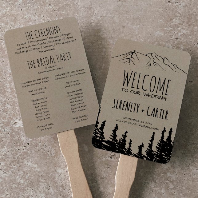 Rustic Woodsy Mountain Wedding Program Hand Fan (Creator Uploaded)