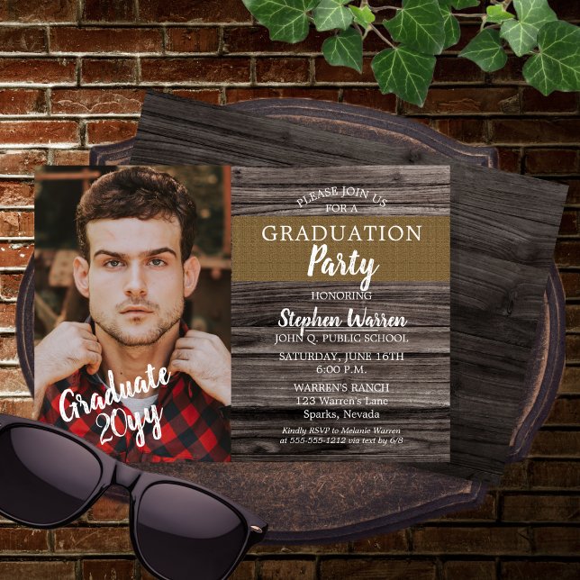 Rustic Woodsy Photo Graduation Party Invitation (Rustic Woodsy Wood Look Photo Graduation Party Invitation)