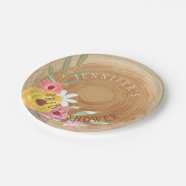 Rustic Woodsy Watercolor Floral Bridal Shower Paper Plate (Angled)