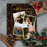 Rustic Woodsy Wood Faith Love and Family 4 Photo F<br><div class="desc">Rustic woodsy faux dark stained wood "Faith, Love and Family" four framed photos collage holiday design with real gold foil text on front and with a snowflake pattern over the dark wood as a background on back. Simply add your family name and the year along with your photos to complete...</div>