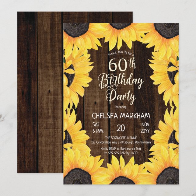 Rustic Woodsy Wood| Sunflowers 60th Birthday Party Invitation (Front/Back)