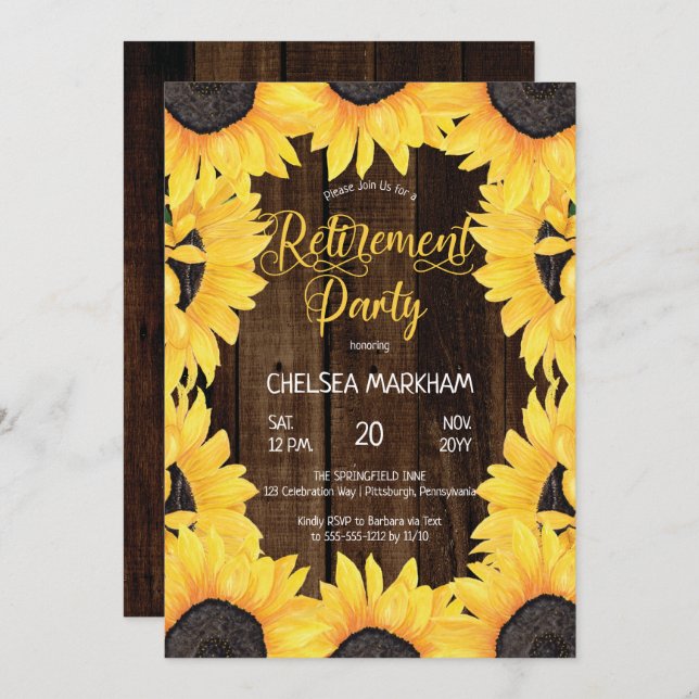 Rustic Woodsy Wood | Sunflowers Retirement Party Invitation (Front/Back)