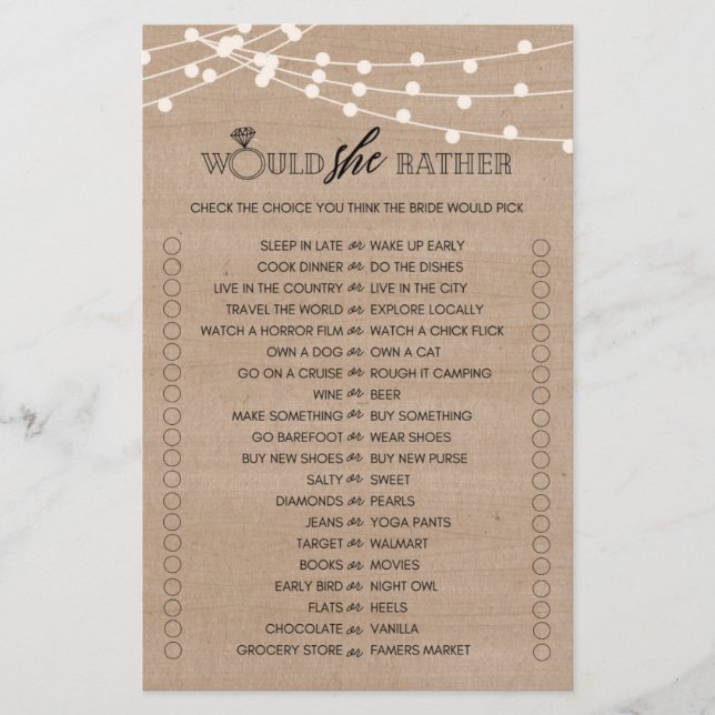 Rustic would she rather bridal shower game flyer (Front)