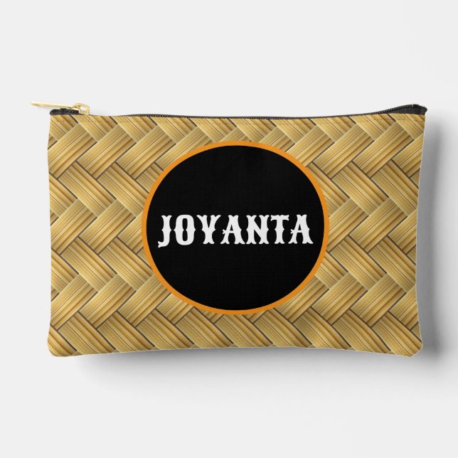 Rustic Woven Bamboo Pattern Custom Name Accessory Pouch (Front)