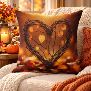 Rustic Woven Twig Heart & Autumn Leaves Cushion