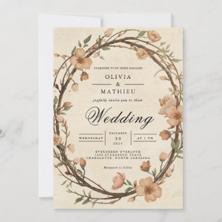 Rustic Woven Wreath Floral Wedding Invitation