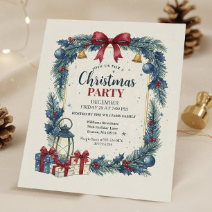 Rustic Wreath Christmas Party Invitation Blue