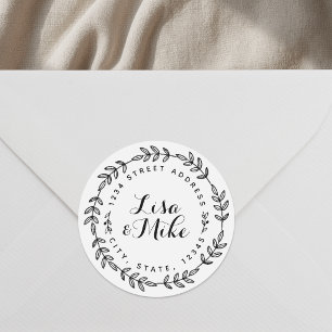 Rustic Wreath Couple Names Wedding Address Classic Round Sticker