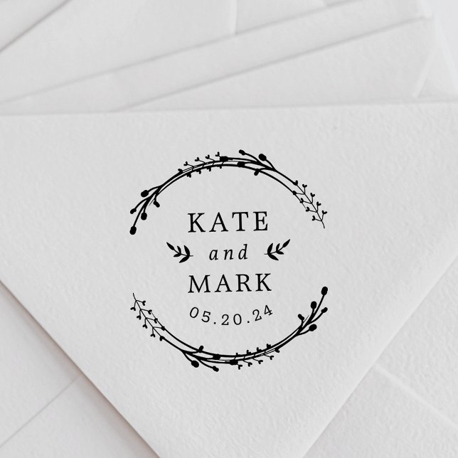 Rustic Wreath Couple Names Wedding Save the Date Rubber Stamp (Creator Uploaded)