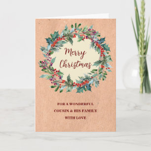 Rustic Wreath Cousin & Family Merry Christmas Card