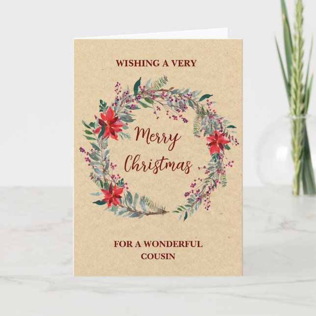 Rustic Wreath Cousin Merry Christmas Card (Front)