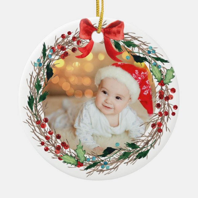 Rustic Wreath Custom Photo Silver Bells and Holly Ceramic Tree Decoration (Front)