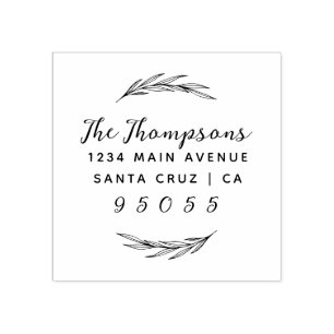 Rustic Wreath & Custom Script Family Name Address Rubber Stamp