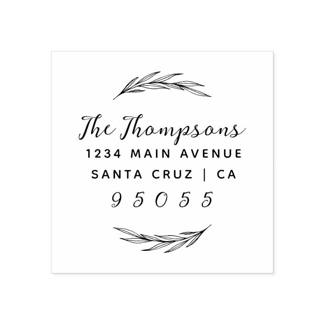 Rustic Wreath & Custom Script Family Name Address Rubber Stamp (Imprint)