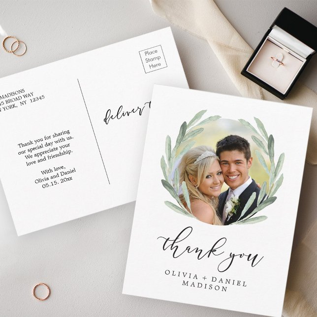 Rustic Wreath Elegant Wedding Thank You Photo Postcard (Front & Back)