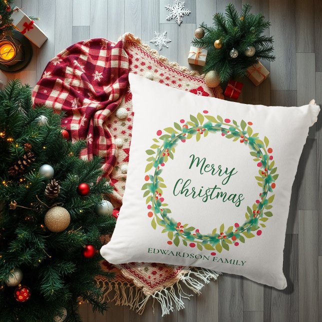 Rustic wreath family name Merry Christmas Cushion (Rustic wreath family name Merry Christmas Throw Pillow.
Very nice pillow for the holiday season.)