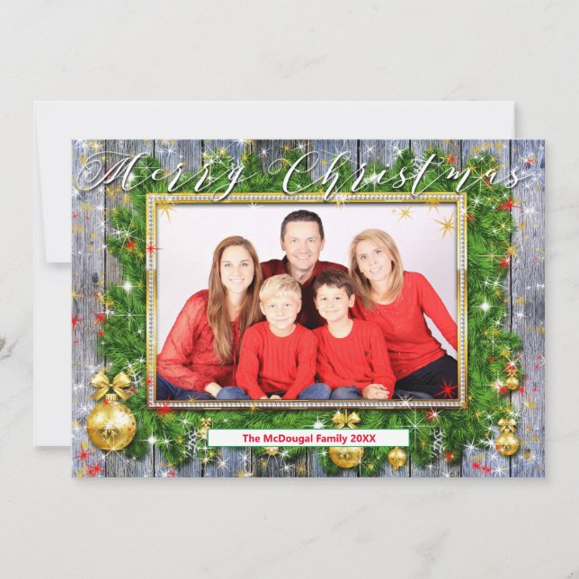Rustic Wreath Family Photo Merry Christmas Holiday Card (Front)