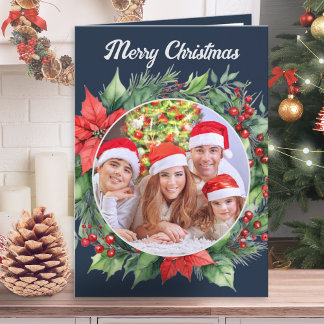 Rustic Wreath Family Photo Navy Blue Christmas Holiday Card