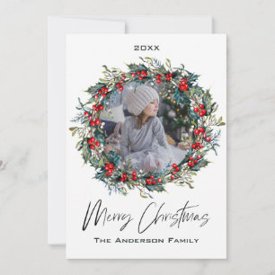Rustic Wreath Floral Berry Photo Merry Christmas Holiday Card