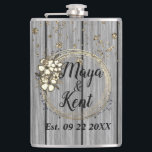Rustic Wreath Floral Glitter Wedding Personalised  Hip Flask<br><div class="desc">An elegant gold hibiscus floral wreath where you can customise it on a rustic grey wood backdrop where gold glittery drops rain down creating chic farmhouse vibes.</div>