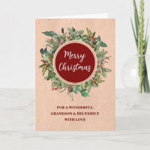 Rustic Wreath Grandson & Family Merry Christmas Card