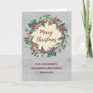 Rustic Wreath Grandson & Family Merry Christmas Card