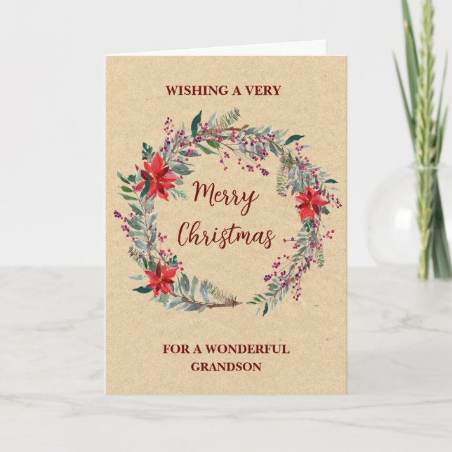Rustic Wreath Grandson Merry Christmas Card (Front)
