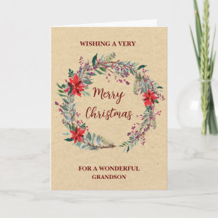 Rustic Wreath Grandson Merry Christmas Card