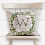 Rustic Wreath Green Monogram Wedding Keepsake Cushion<br><div class="desc">Personalised wedding keepsake. This elegant, rustic digital linen design pillow features a beige linen texture background with a beautiful watercolor greenery and cotton boll wreath that frame the classic green monogram initial. The couple's first names are written over the monogram initial in a beautiful calligraphy script, with the wedding date...</div>